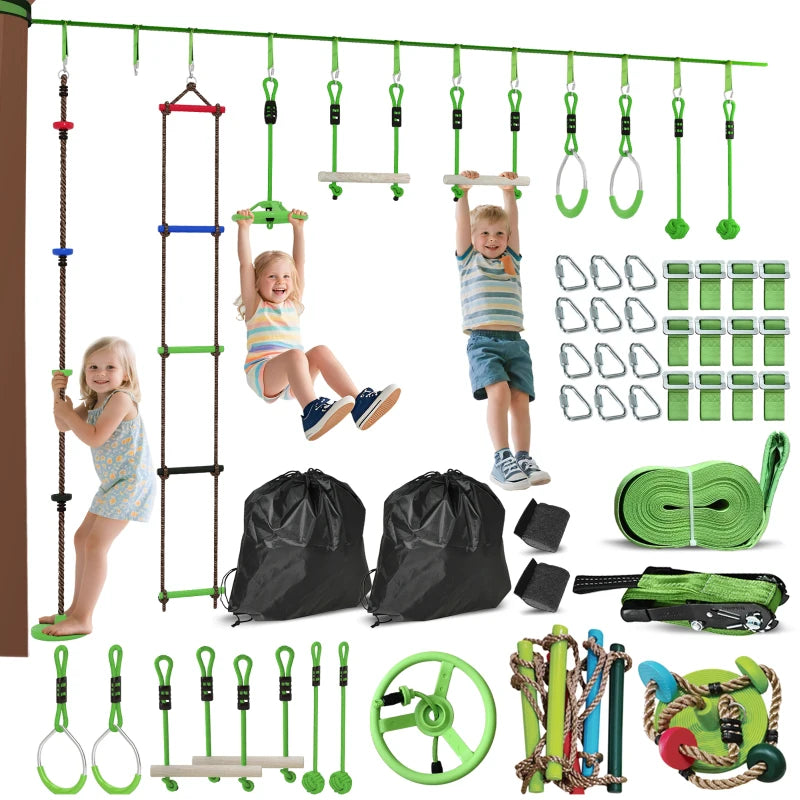 Obstacle course for Kids, with 10-Piece Slackline Kit with Monkey Bars, Gym Rings, Rope Ladder, Nest Swing, Hanging Tray