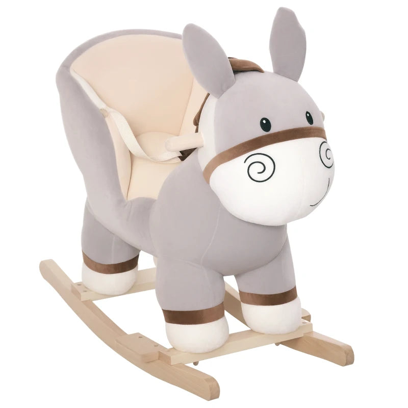 Kids Rocking Horse, Children Plush Ride On Donkey Animal Rocker w/ Sound, Wood Base Seat, Safety Belt, Baby Toy Rocker for Toddler 18 - 36 Months, Grey