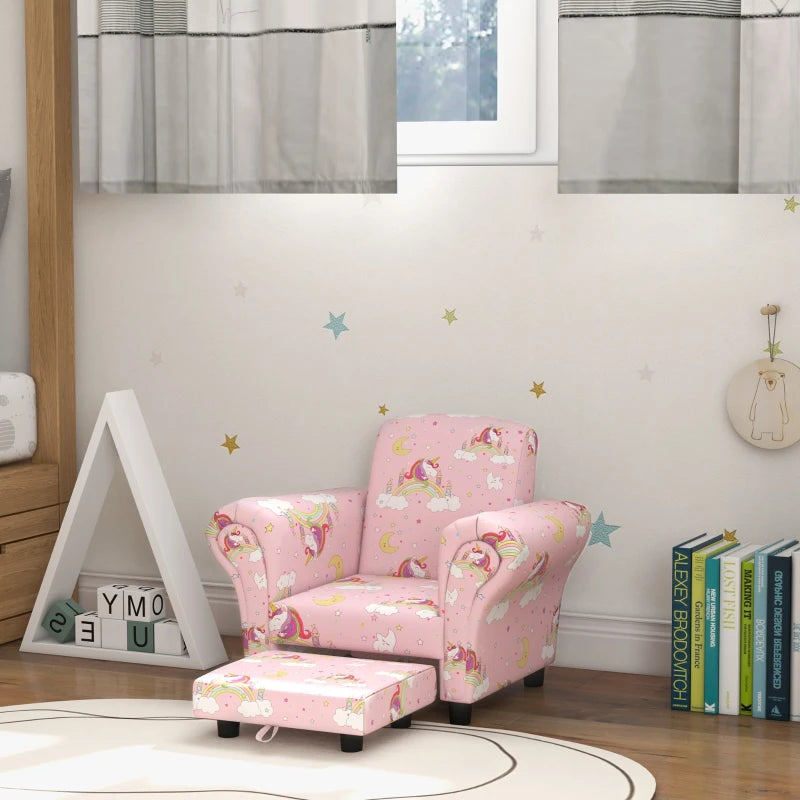 2 Piece Kids Sofa Set with Unicorn Design, Wooden Frame, for 1.5-3 Years Old, Pink