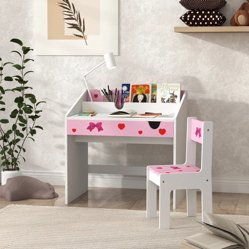 Children Study Table and Chair, Kids Desk and Chair Set with Storage, Pull-Out Drawer, for Ages 3-6 Years, Pink