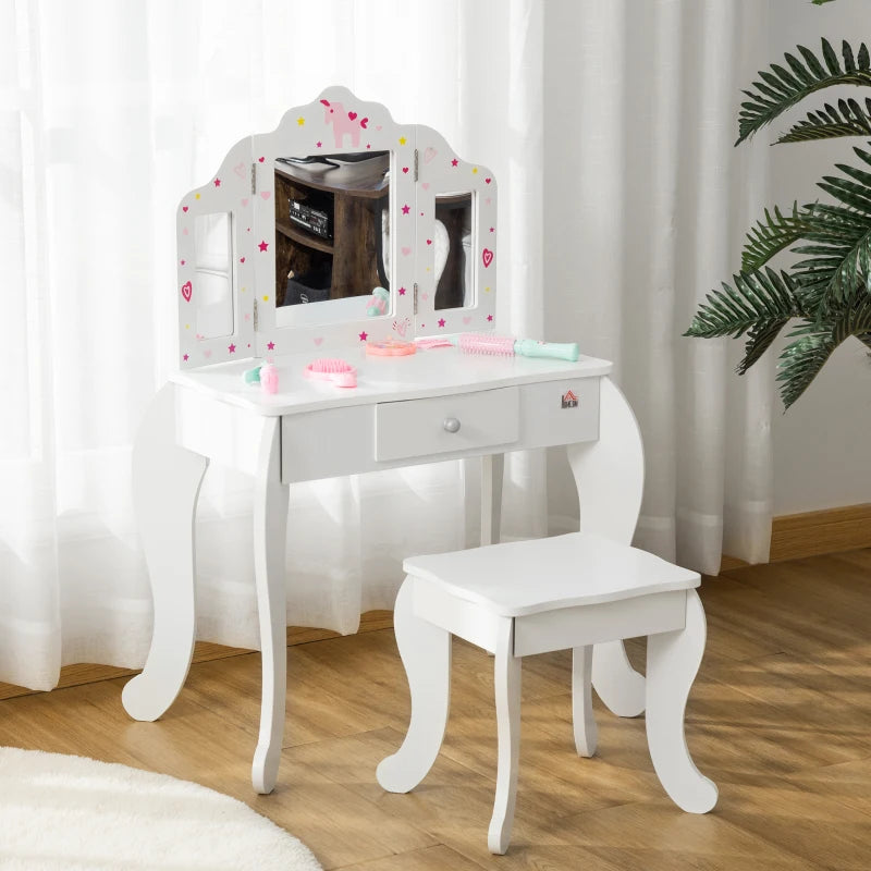 Kids Vanity Table and Chair Set with Tri-Folding Mirror and Stool, Makeup Dressing Table with Drawer, White