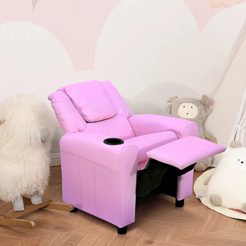 Kids Recliner Chair, PU Leather with Adjustable Backrest, Footrest, Padded Headrest, Pink