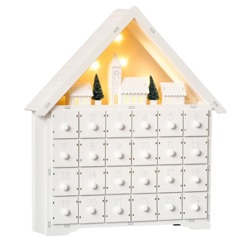 24-Drawer Christmas Advent Calendar, Wooden Light-Up Traditional Decoration, Adults Kids Countdown Holiday House w/ Lights Handle White