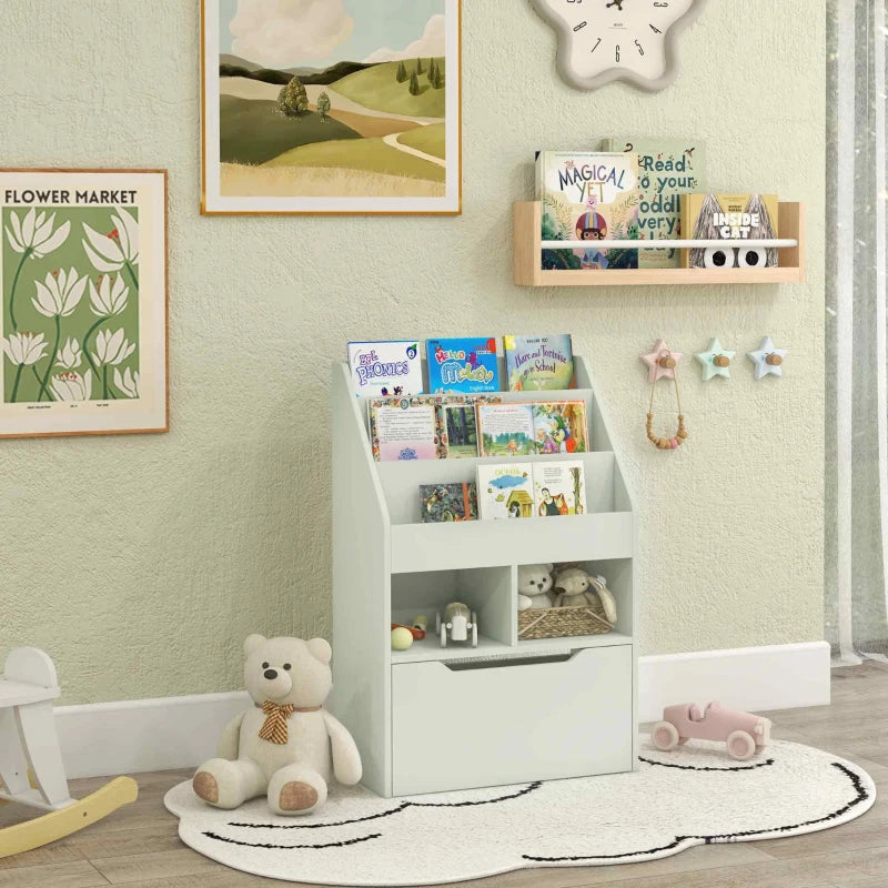 Kids Bookshelf, Toy Organiser, with Storage Drawer, Wheels - Green