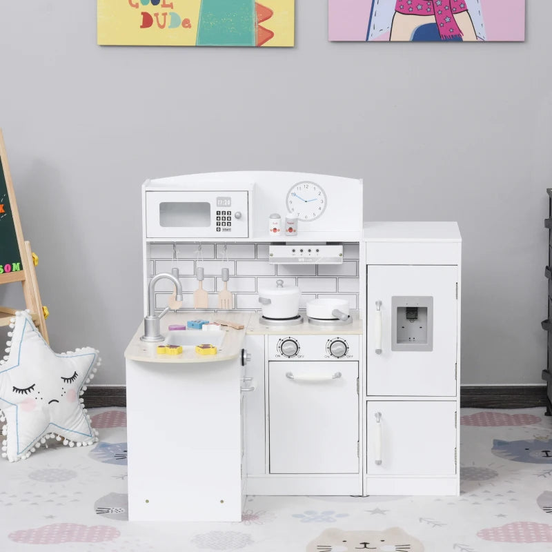 Kids Play Kitchen Wooden Toy Kitchen Cooking Set for Children with Drinking Fountain, Microwave, and Fridge White