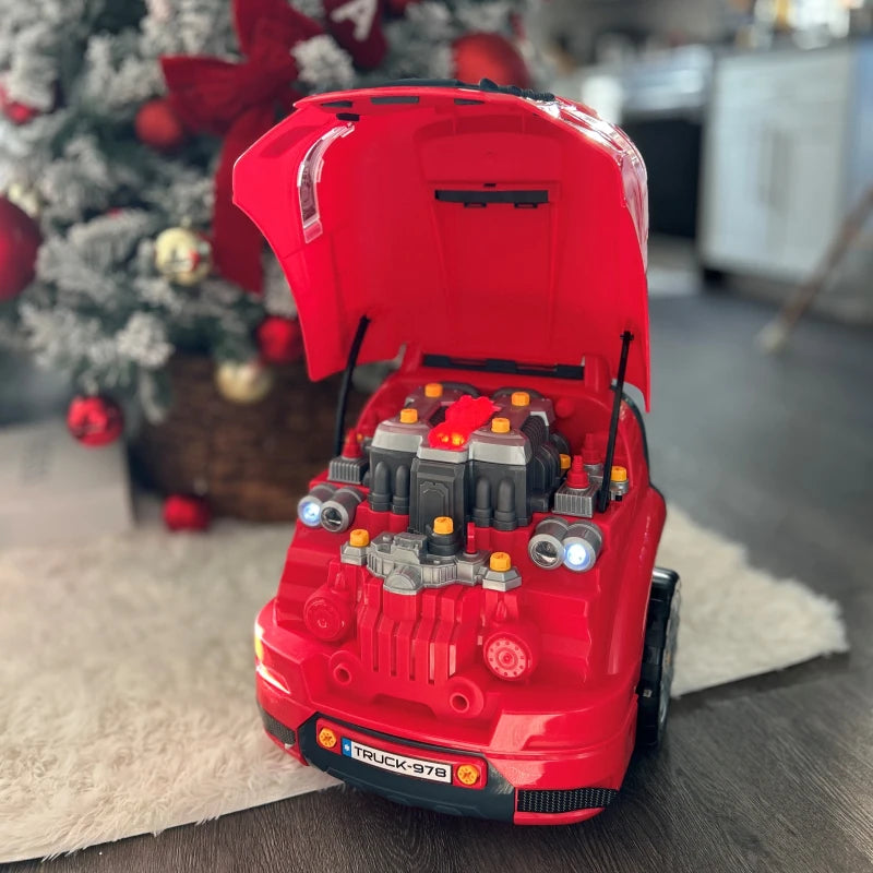 Kids Truck Engine Toy Set, Toddler Educational Car Service Station Playset, Take Apart Workshop, w/ RC Car Key, Steering wheel, Horn, Light, for 3-5 Years Old Red