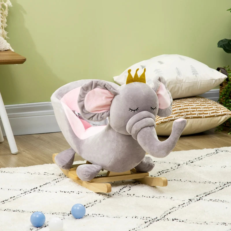 Kids Elephant-Designed Rocking Horse, with Safety Belt, Wooden Base, for Ages 18-36 Months - Grey