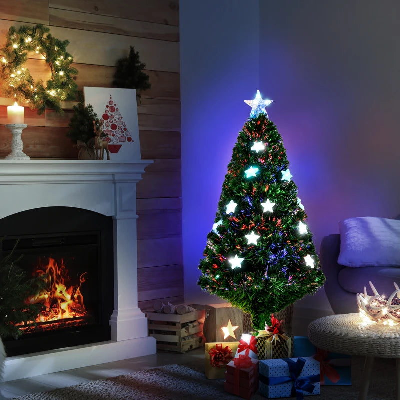 4FT Prelit Artificial Christmas Tree Fibre Optic Star LED Light Holiday Home Xmas Decoration with LED Light for Indoor Party, Green