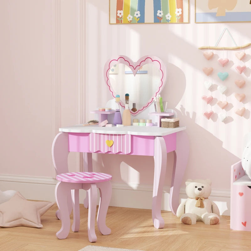 Kids Dressing Table Set, Vanity Table with Stool, Mirror, Drawer, Desktop Storage, Heart Theme, Pink