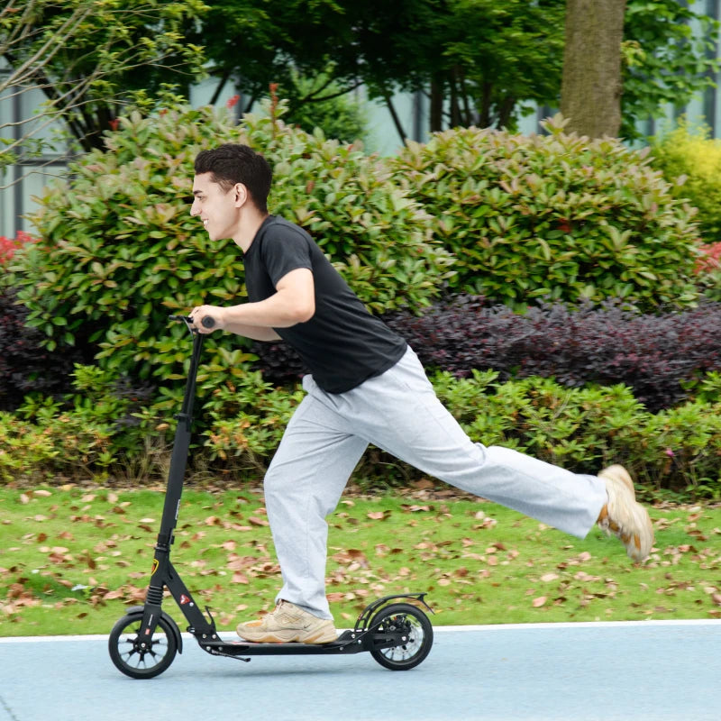 Adult Teens Kick Scooter Foldable Height Adjustable Aluminium Ride On Toy for 14+ w/ Rear Wheel & Hand Brake, 200mm Big Wheels, Shock Mitigation System - Black