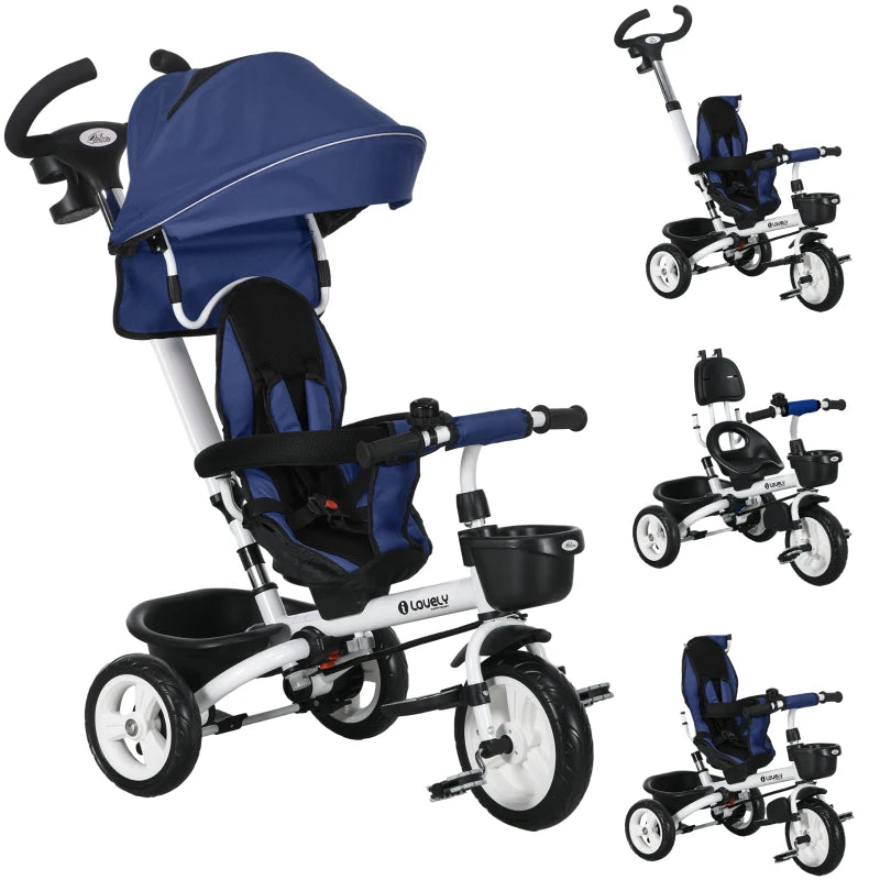 Metal Frame 6 in 1 Baby Push Tricycle with Parent Handle for 1-5 Years Old, Dark Blue