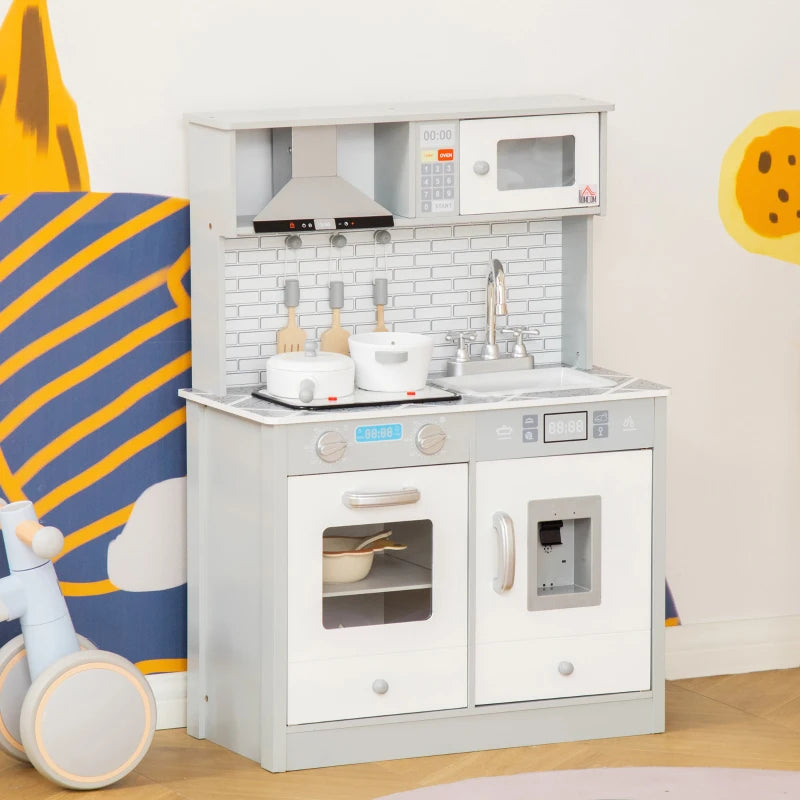 Kids Wooden Toy Kitchen Pretend Play Cooking Playset w/ Sound & Light Effect, Battery Operated Cooktop, Ice Machine, Marble Pattern Countertop, for 3-6 Years Old