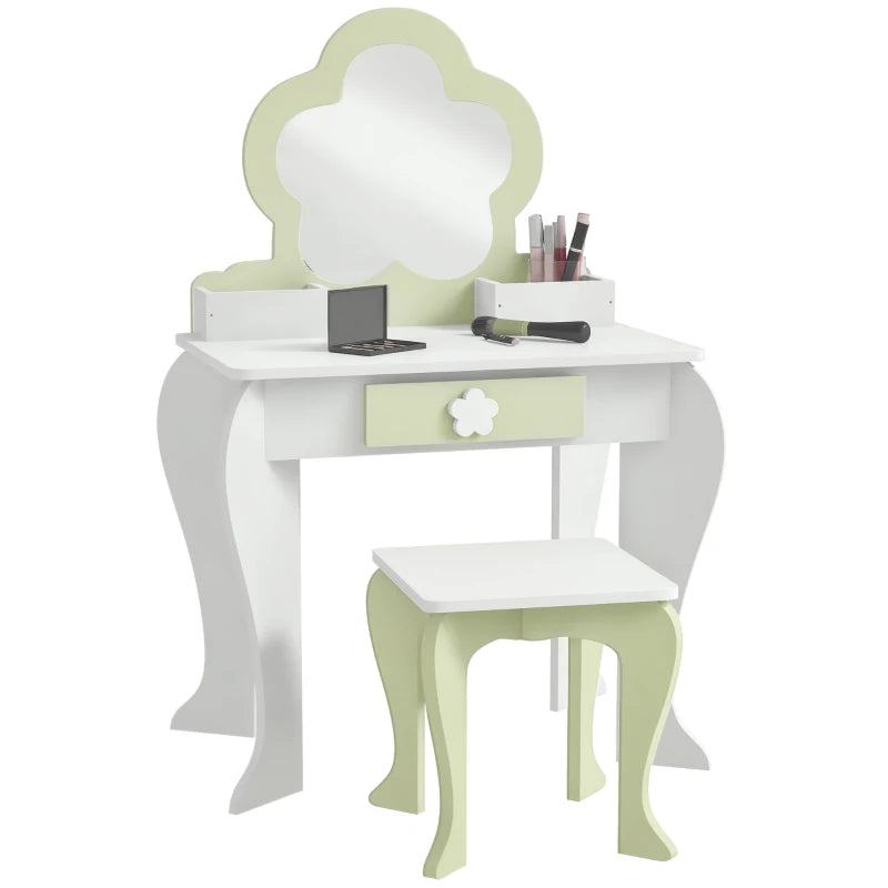 Kids Vanity Table with Mirror and Stool, Drawer, Storage Boxes, Flower Design, for Ages 3-6 Years - White