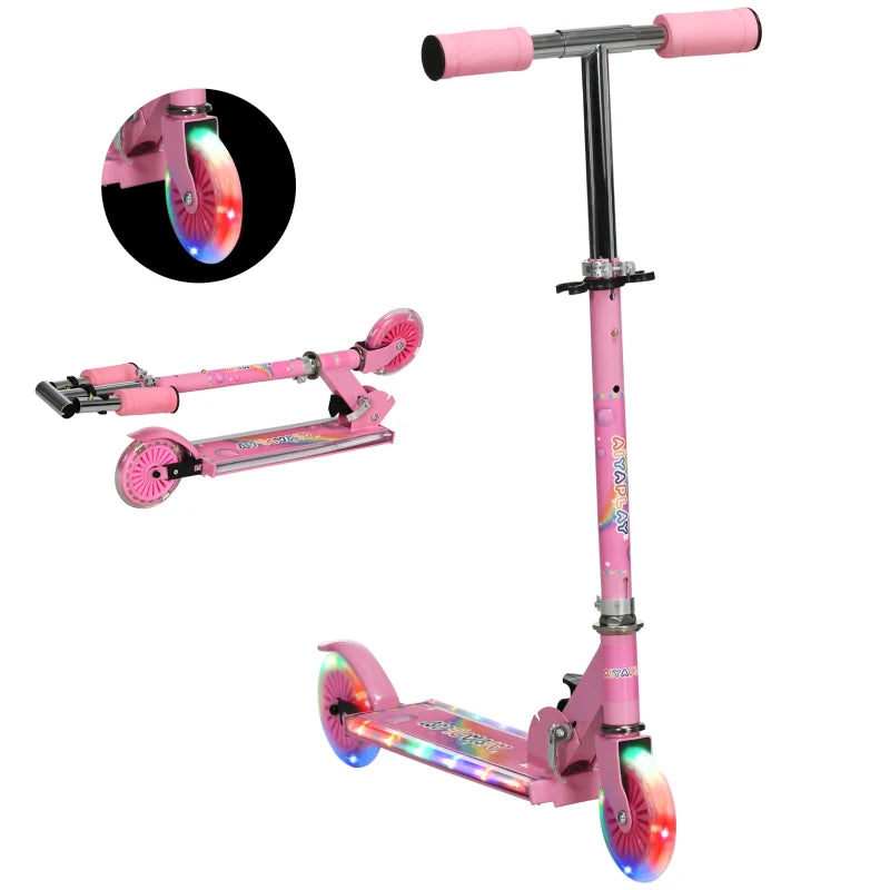 Kids Scooter, with Lights, Music, Adjustable Height, Foldable Frame, for Ages 3-7 Years - Pink