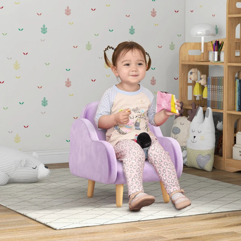 Kids Armchair Toddler Sofa Children Chair with Arm Rest, Wooden Frame, Velvet, PP Legs, Cloud Shape, for Ages 1.5-3 Years - Purple