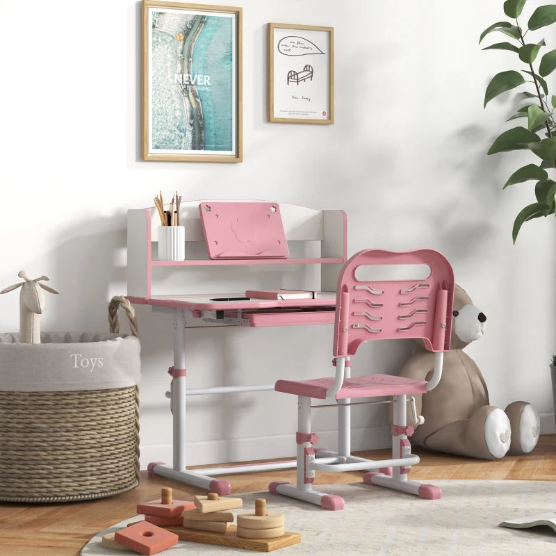 Height Adjustable Kids Study Table and Chair Set, with Drawer, Storage Shelf, 80 x 54.5 x 104 cm, Pink