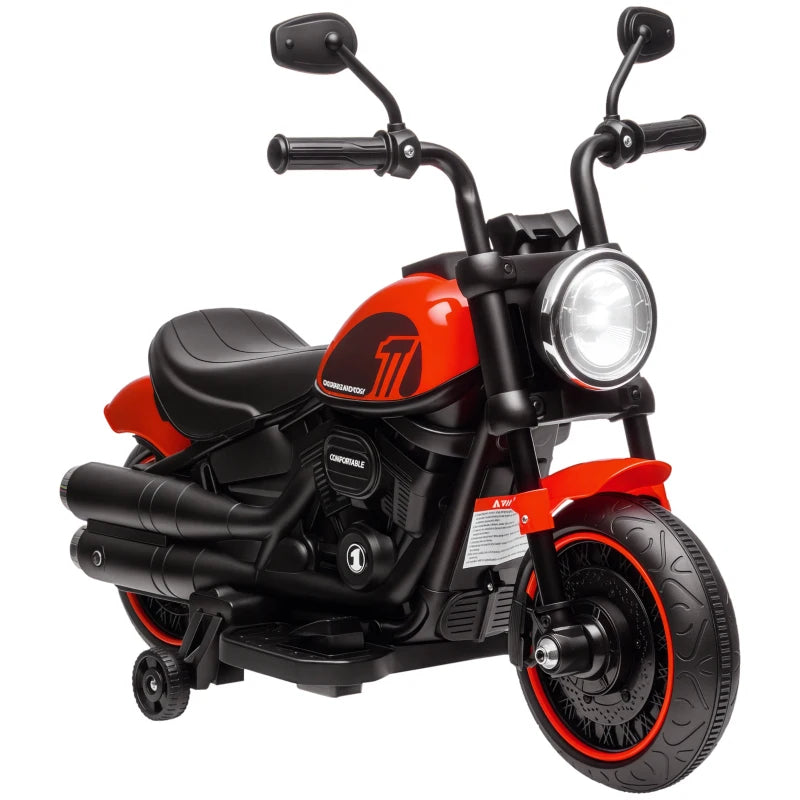 6v Electric Motorbike with Training Wheels, One-Button Start - Red
