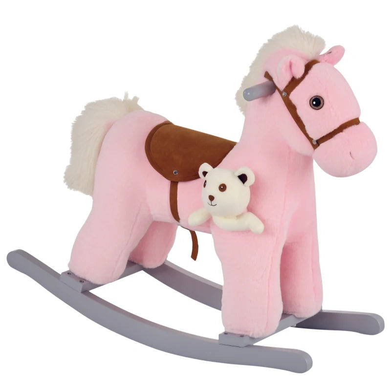 Kids Plush Ride-On Rocking Horse Toy Rocker with Plush Toy Realistic Sounds for Child 18-36 Months Pink