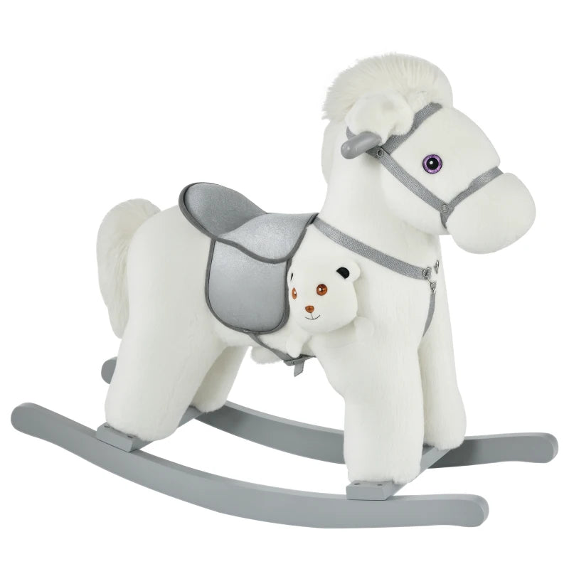 Kids Plush Ride-On Rocking Horse Toy Rocker with Plush Toy Realistic Sounds for Child 18-36 Months White