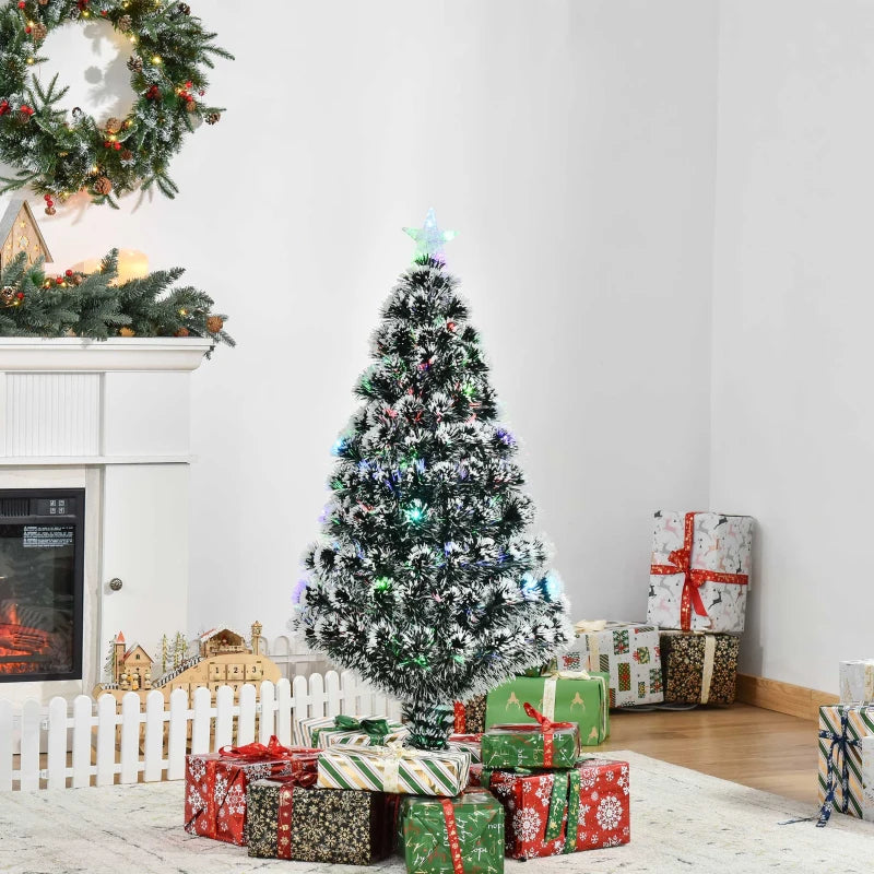 4ft Artificial Prelit Christmas Tree, Snow Xmas Tree with Colourful LED Lighting Fiber Optics, Green White
