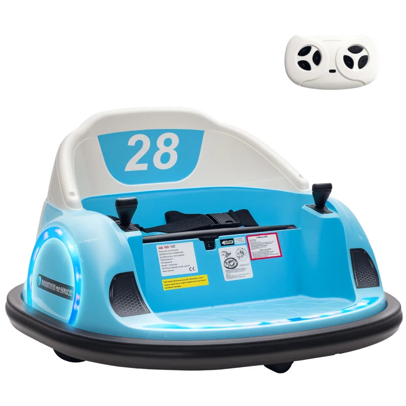 360° Rotation Kids Bumper Car, 12V Waltz Car with Remote Control, Dual Joystick, Music, Lights, Light Blue