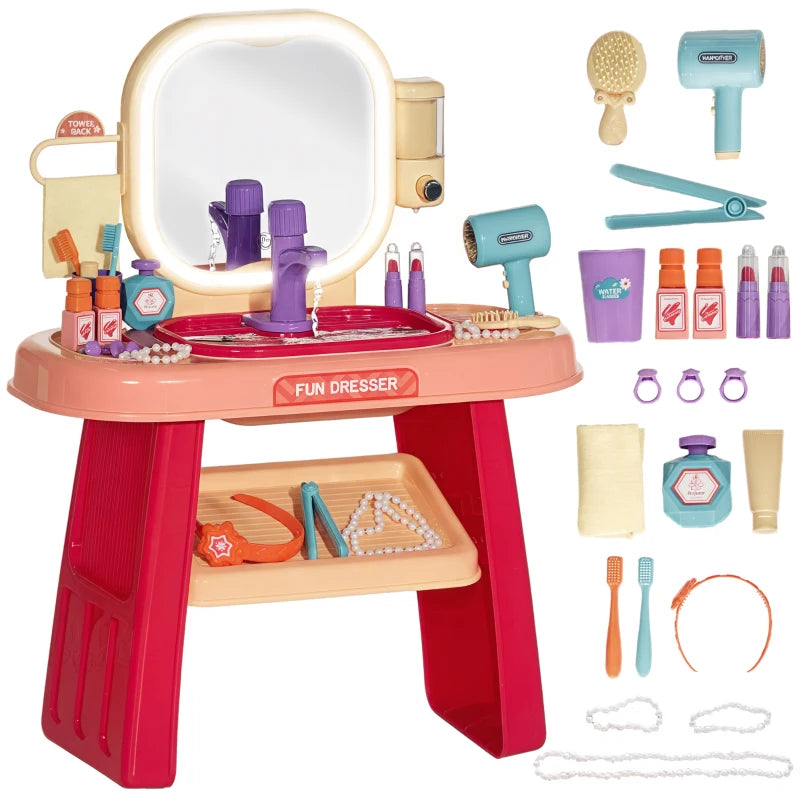 Kids Dressing Table with Mirror, LED Light, 23 Accessories, Pink