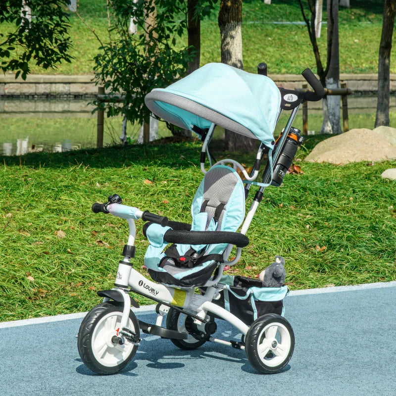 6 in 1 Kids Trike Push Bike w/ Push Handle, Canopy, 5-point Safety Belt, Storage, Footrest, Brake, for 1-5 Years, Green