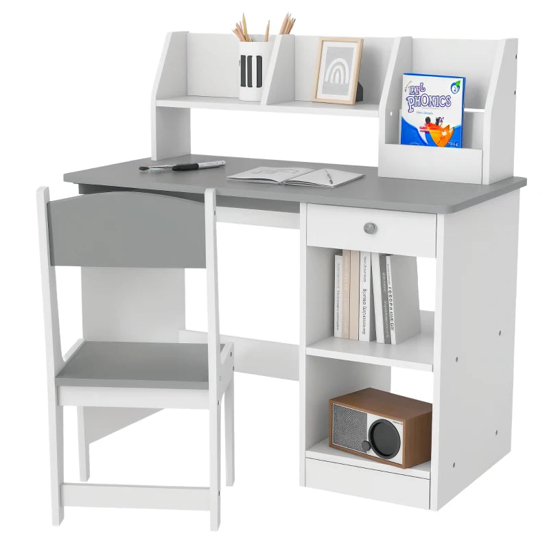 Two-Piece Kids Desk and Chair Set with Storage, for Ages 5-8 Years - Grey