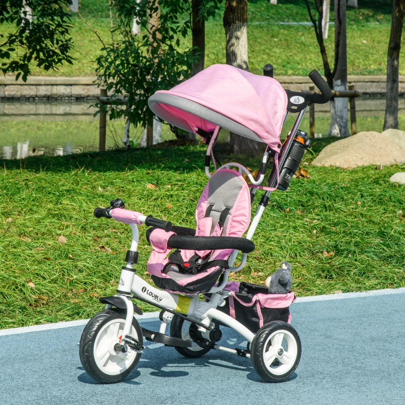 6 in 1 Kids Trike Push Bike w/ Push Handle, Canopy, 5-point Safety Belt, Storage, Footrest, Brake, for 1-5 Years, Pink