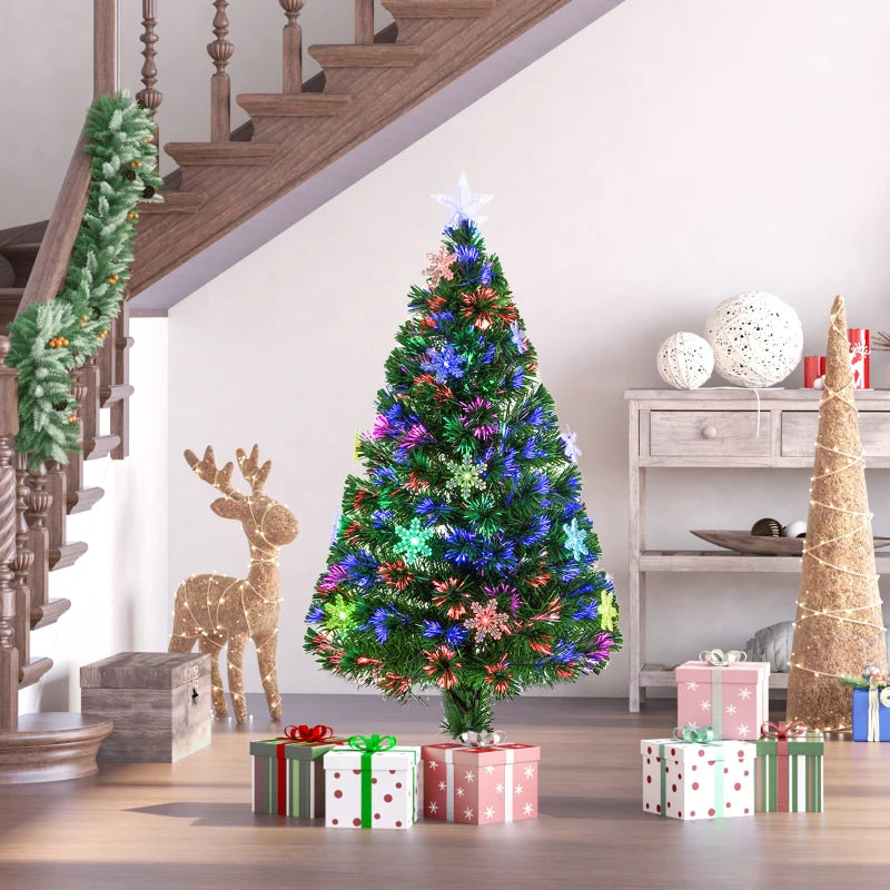 4FT Green Fibre Optic Artificial Christmas Tree Xmas Colourful LED Scattered Tree with Snowflakes Ornaments Fireproofing