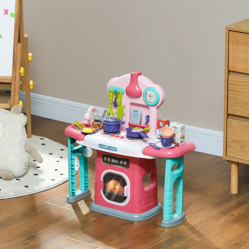 45-Piece Kids Kitchen, Toy Kitchen, with Rotating Side Tables, Lights, Sound Spray
