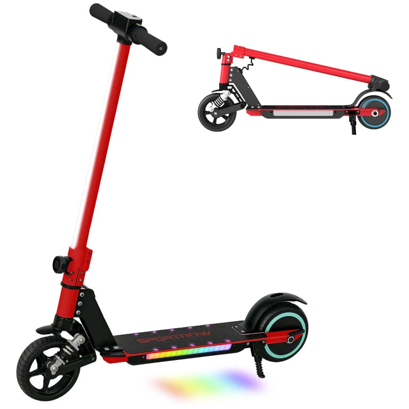 Folding Electric Scooter for Kids, with Dual Brakes, Front Suspension, LED Colourful Lights, Red