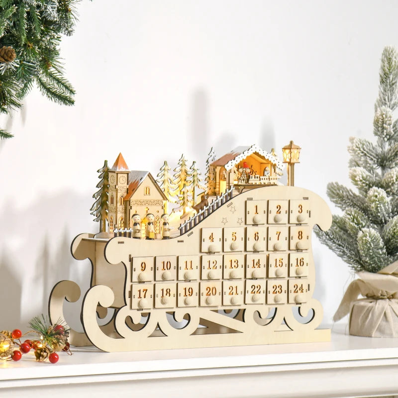 Christmas Advent Calendar, 2021 Light Up Table Xmas Wooden Sleigh Holiday Decoration with Countdown Drawer, Village, for kids Adults, Natural Wood Color