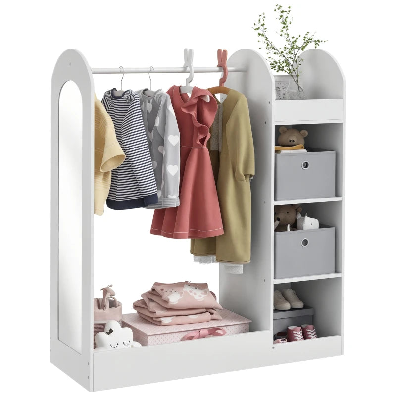 Kids Clothes Rail with Storage Shelf, Boxes, Mirror for Bedroom, Nursery, White