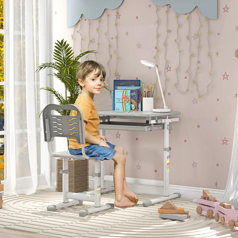 Kids Desk and Chair Set, Student Adjustable Writing Desk, with Drawer, Pen Slot, Hook - Grey