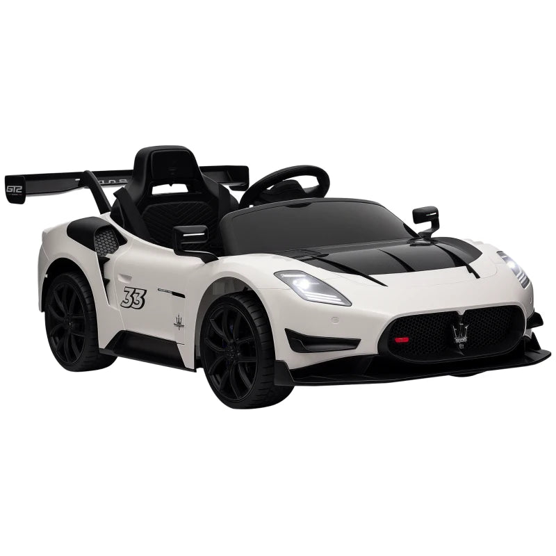 Maserati GT2 Licensed 12V Kids Electric Ride on Car with 4 Suspension Wheels, Remote Control, Music, Horn, Lights, White
