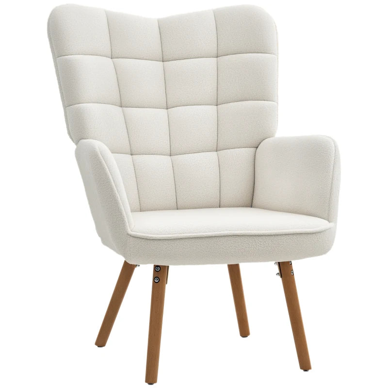 Modern Accent Chair, Upholstered Tufted Wingback Armchair with Seat Padding, Teddy Fleece Leisure Lounge Bedroom Chair with Wood Legs, Cream White