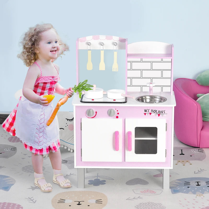 Kids Pretend Kitchen Playset w/ Cooking Toy Accessories - Pink
