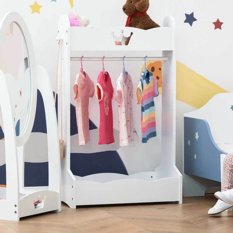 Kids Clothes Rail Wooden Hanging Rack with Storage Shelves Children Garment Freestanding Wardrobe for 3-8 Years Toddler, White