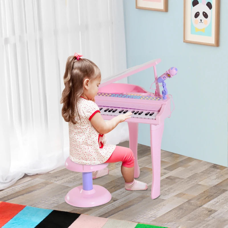 37 Keys Kids Mini Electronic Keyboard Children Grand Piano with Stool Microphone Light Musical Instrument Educational Game Toy Set (Pink)