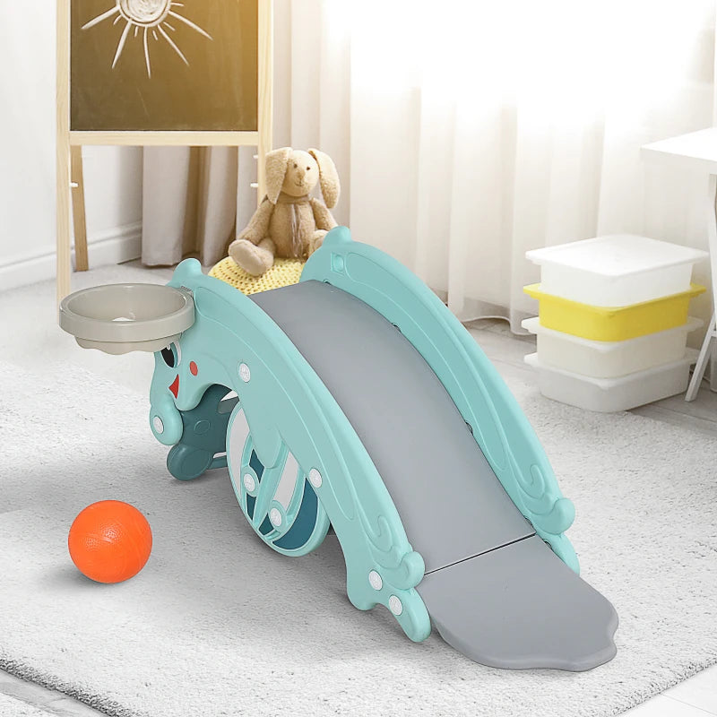 3-in-1 Baby Rocking Horse Portable Slide Basketball Hoop Equipment Indoor Outdoor Playground Toy, Age 18-36 Months, Green