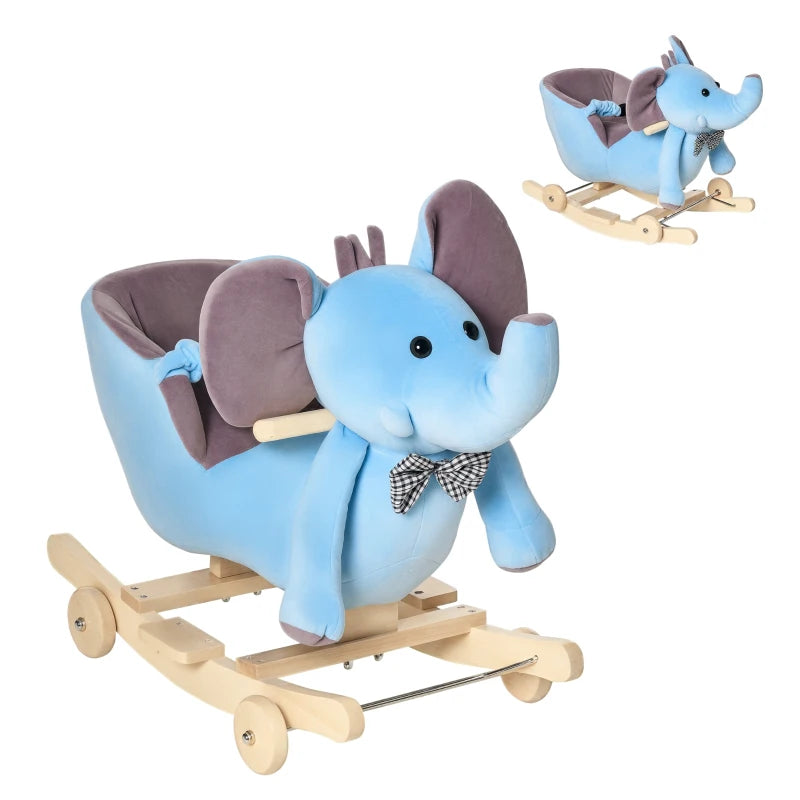 2 In 1 Plush Baby Ride on Rocking Horse Elephant Rocker with Wheels Wooden Toy for Kids 32 Songs for 18+ Months (Blue)