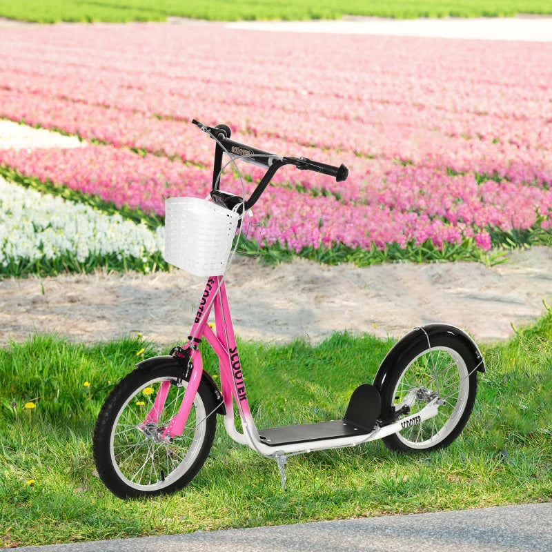 Kids Scooter, Kick Stunt Scooter with Adjustable Handlebar, Dual Brakes, Basket, Cupholder, Mudguard, 16" Inflatable Rubber Wheels, for 5-12 years, Pink