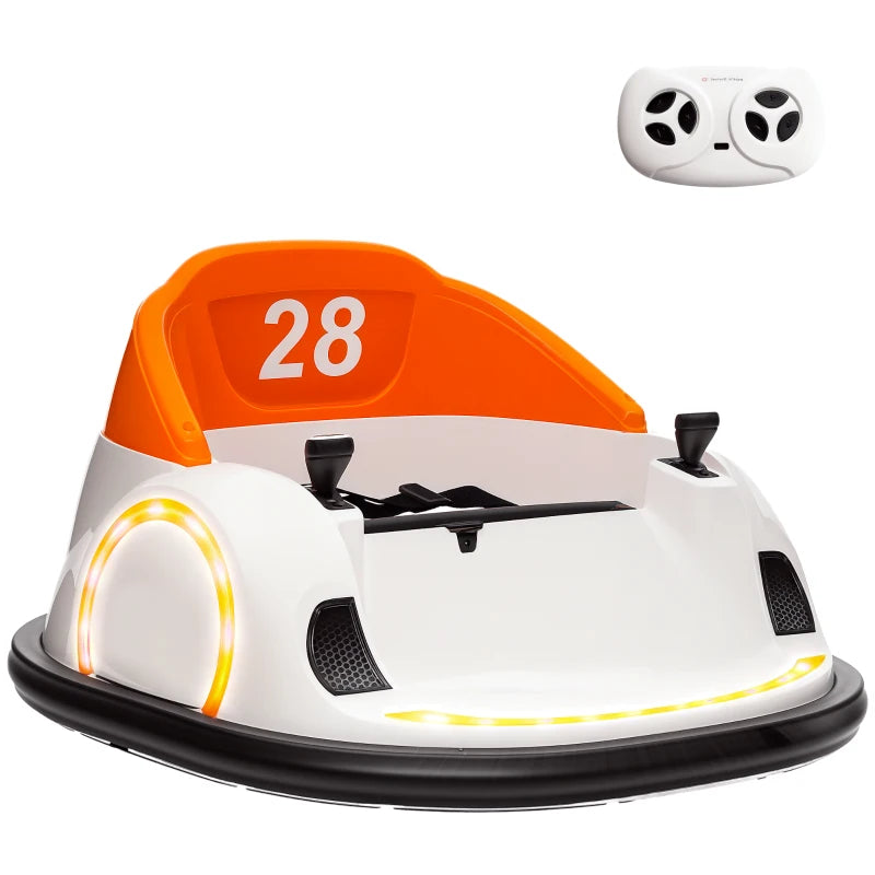 360° Rotation Kids Bumper Car, 12V Waltzer Car with Remote Control, Dual Joysticks, Music Lights, Orange