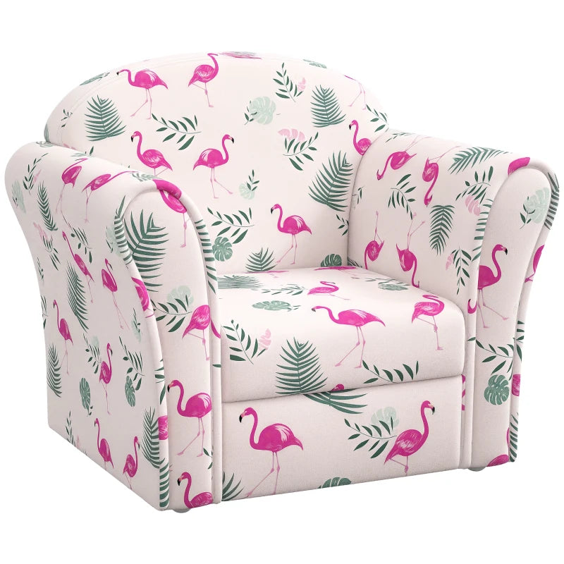 Kids Armchair with Flamingo Design, Wooden Frame, for Bedroom, Playroom, Kids Room - Pink