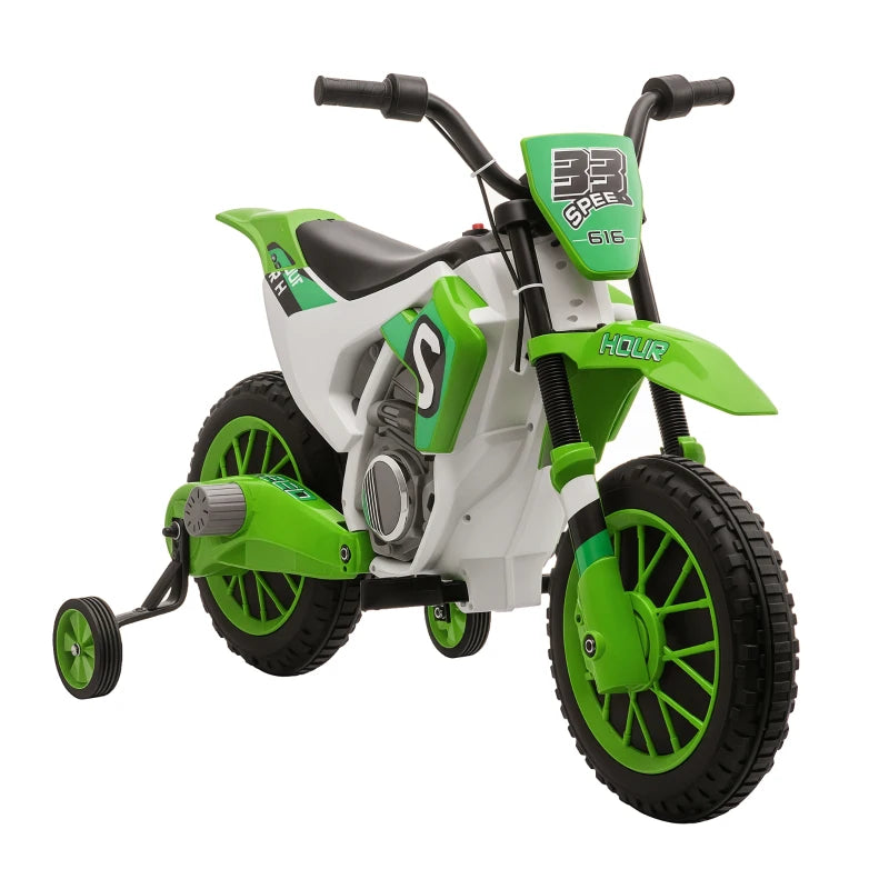 12V Kids Electric Motorcycle Ride-On, with Training Wheels, for Ages 3-6 Years - Green