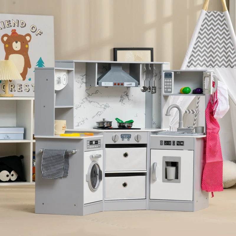 Toy Kitchen with Running Water, Lights, Sounds, Apron and Chef Hat, Water Dispenser, for Ages 3-6 Years, Grey