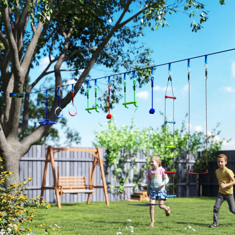 10-Piece Zip Line Kit for Kids with 10m Slackline, Monkey Bars, Swing, Climbing Ladder, Hanging Tray, Metal Rings