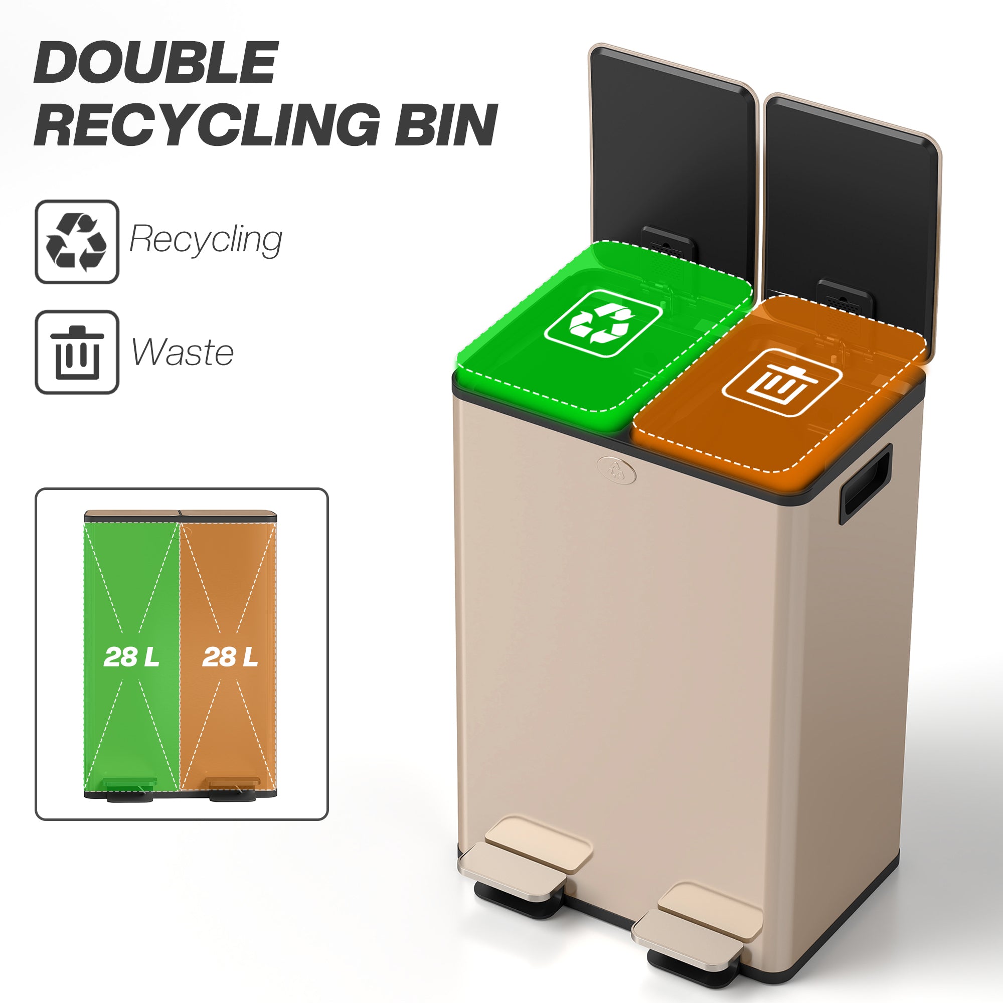 HOMCOM 2 x 28L Dual Kitchen Bin Pedal Bin for Recycling and Waste, Gold Tone