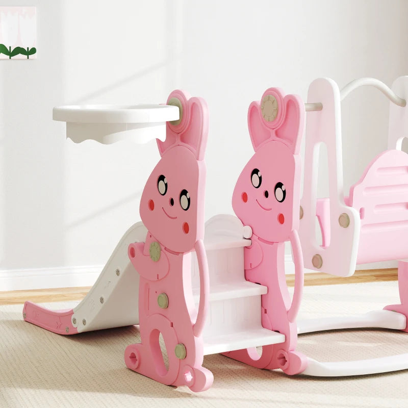 4 in 1 Kids Slide and Swing Set with Climber, Basketball Hoop, Rabbit-Themed, Pink